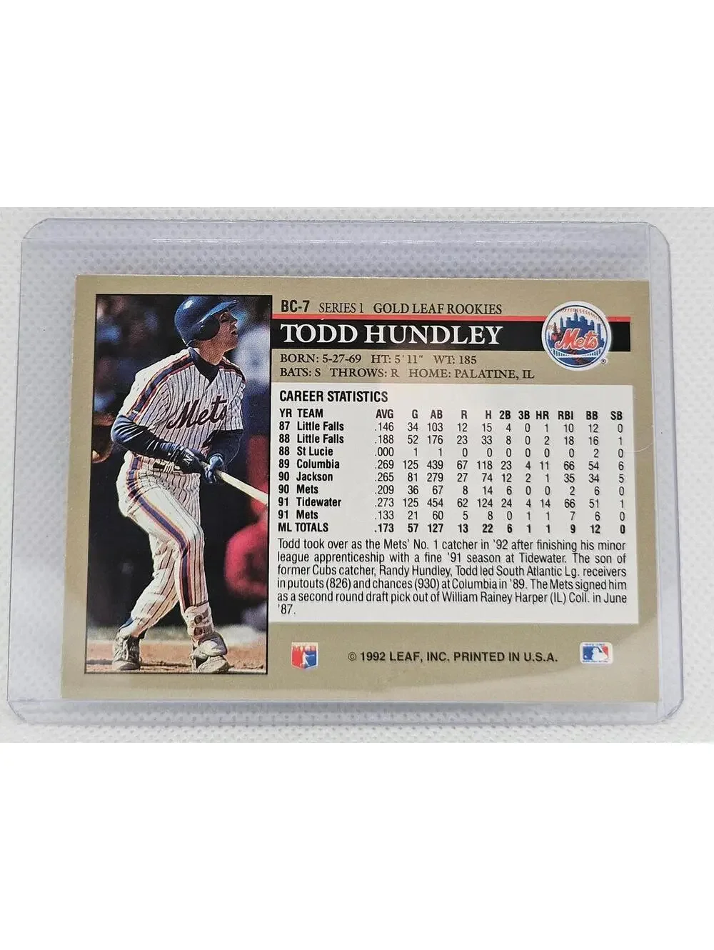 Todd Hundley Gold Rookie Insert 1992 Leaf #BC -7  - NY Mets - RAW Mint